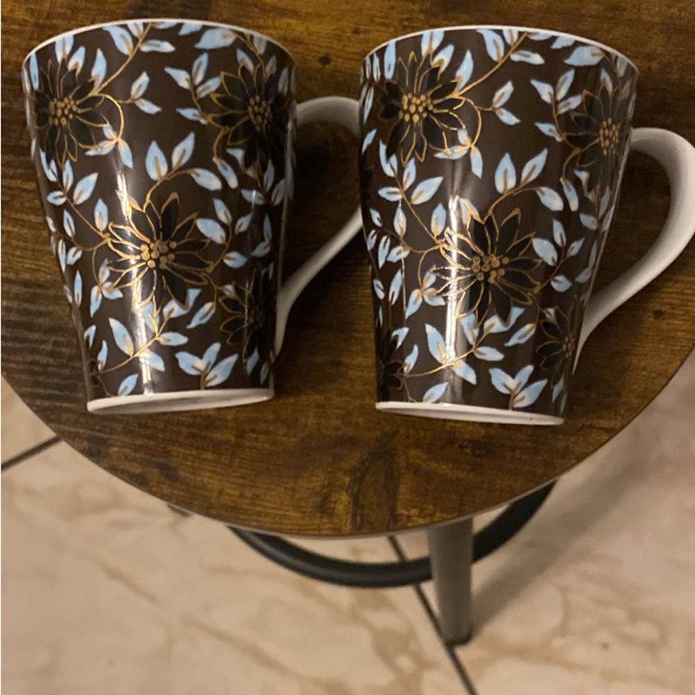 Porcelain Brown Floral Mugs with Light Blue Leaves - Set of 2 fine china